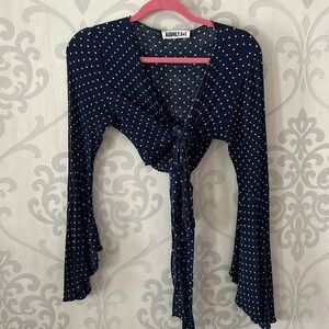 Polkadot Long Sleeve Navy Front Tie Crop Top